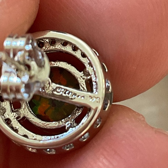 Sterling silver fire opal stud earrings cz halo NEW October Birthstone - Picture 8 of 9